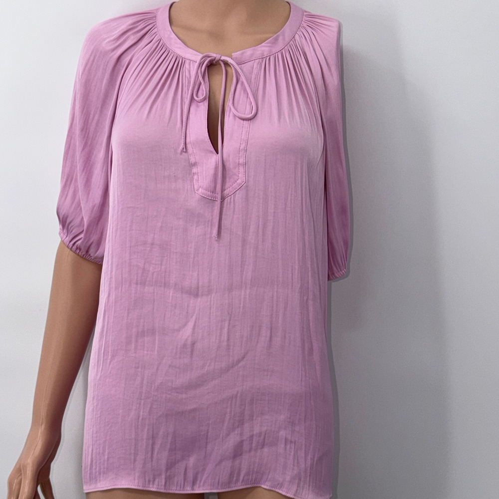 Current Air M Pink Tie Neck Keyhole Puff Sleeve Pleated Blouse Boho Romantic